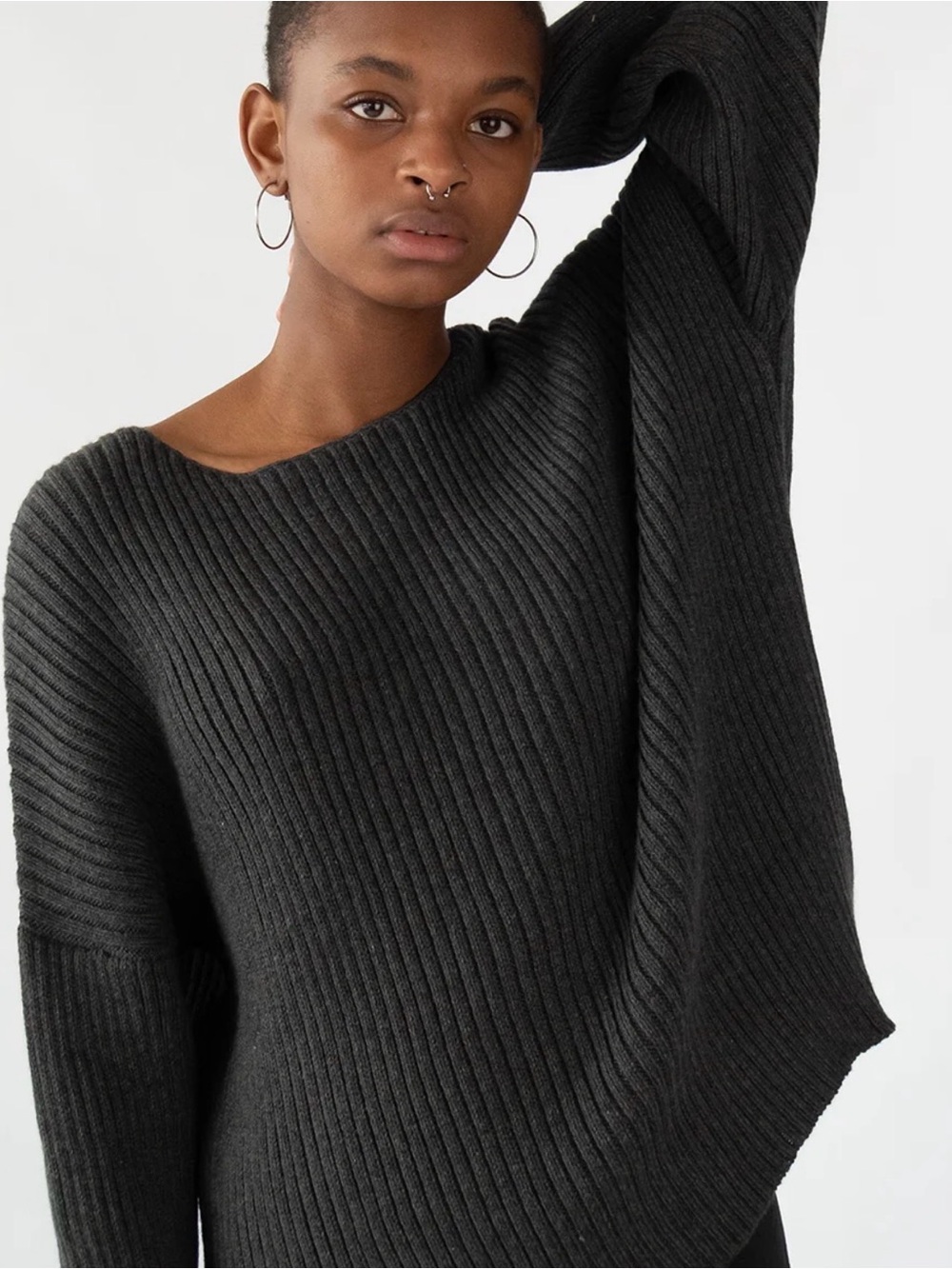 Erica Tanov Ellie Pima Cotton Oversized Rib-Knit Sweater in Charcoal